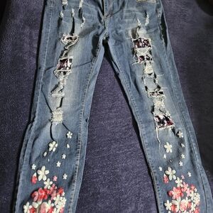 Embroidered Floral Distressed Skinny Jeans